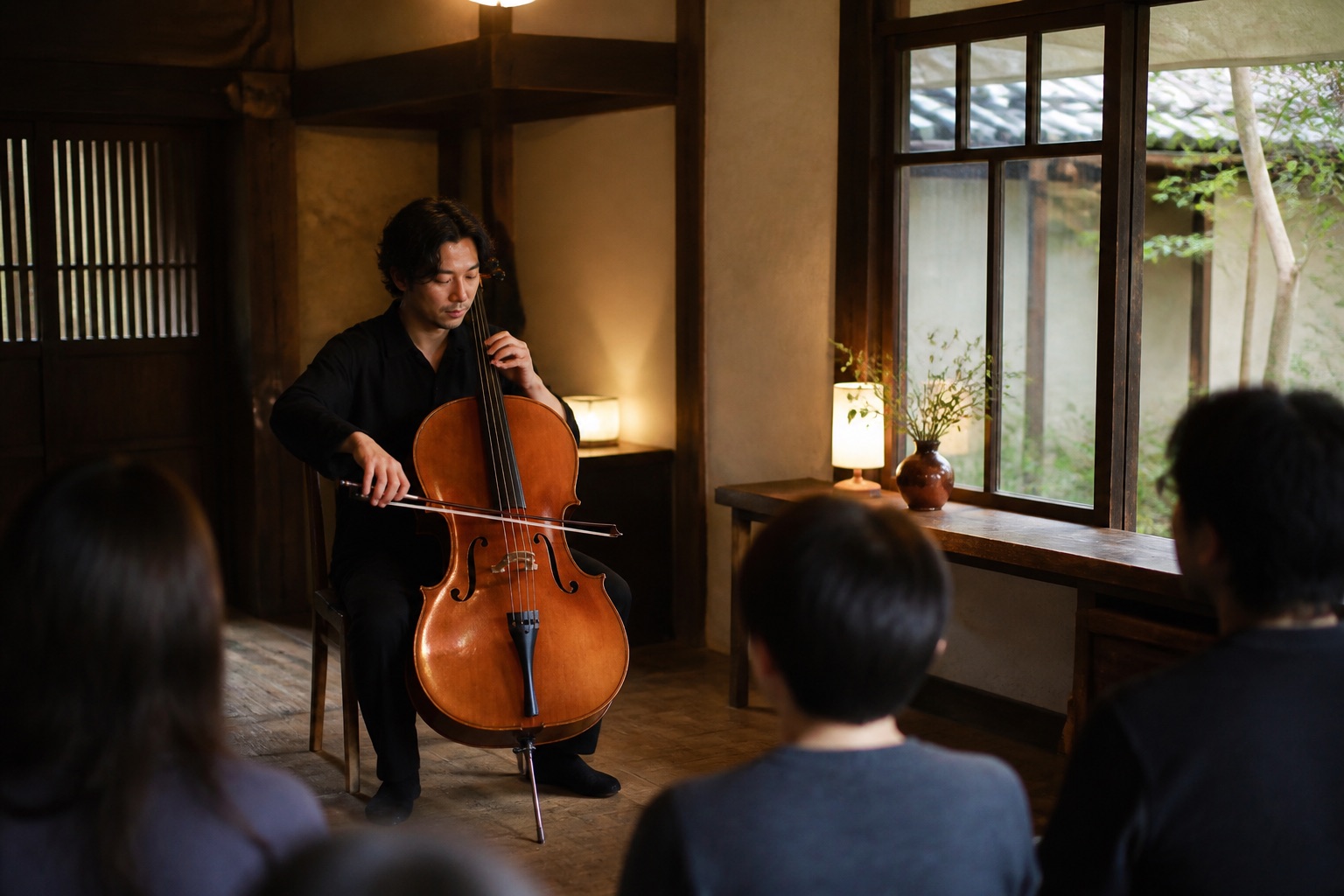 古民家カフェで行われるチェロ演奏